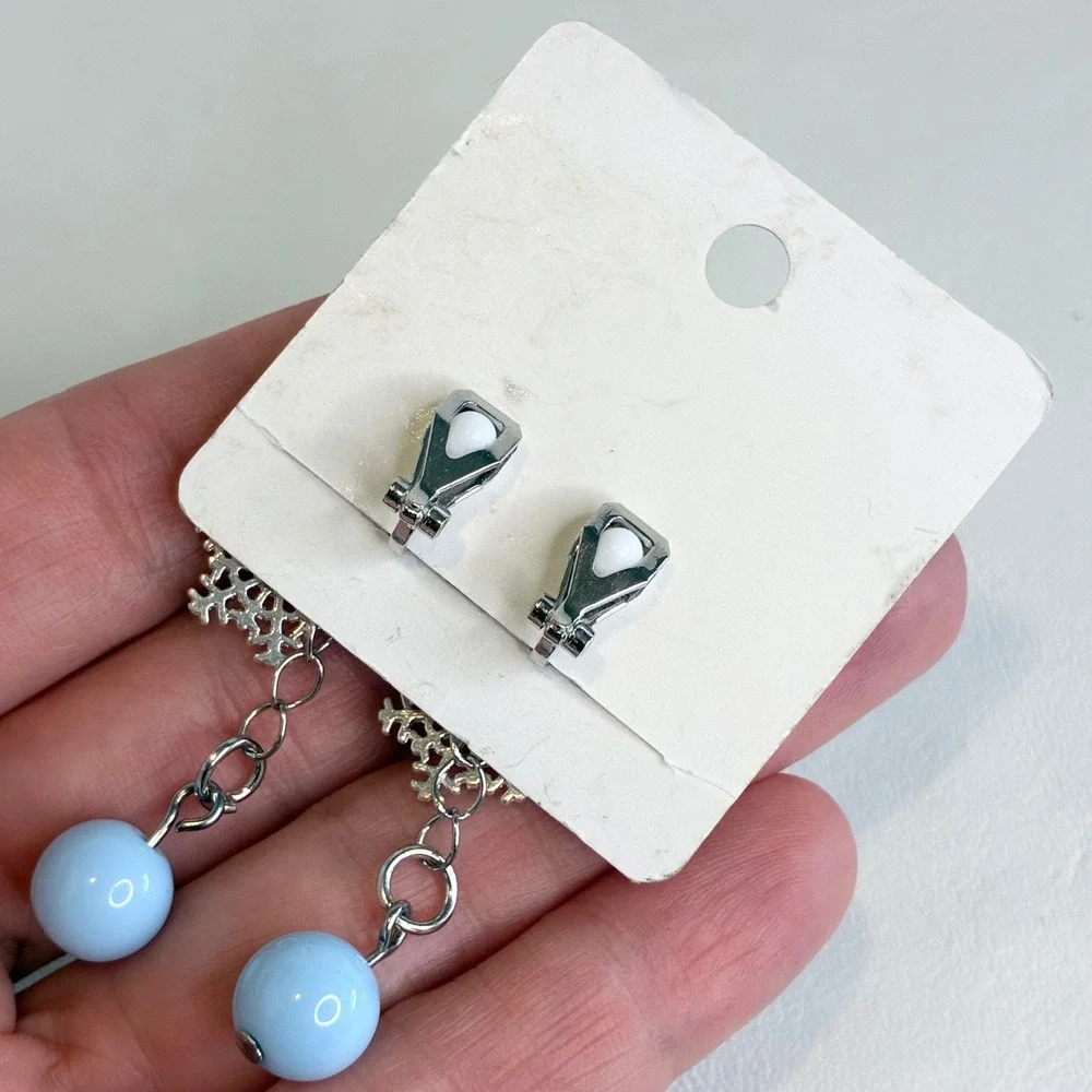 Snowflake Clip On Earrings Kids Blue Bead Dangle‎ Rhinestone Winter Jewelry